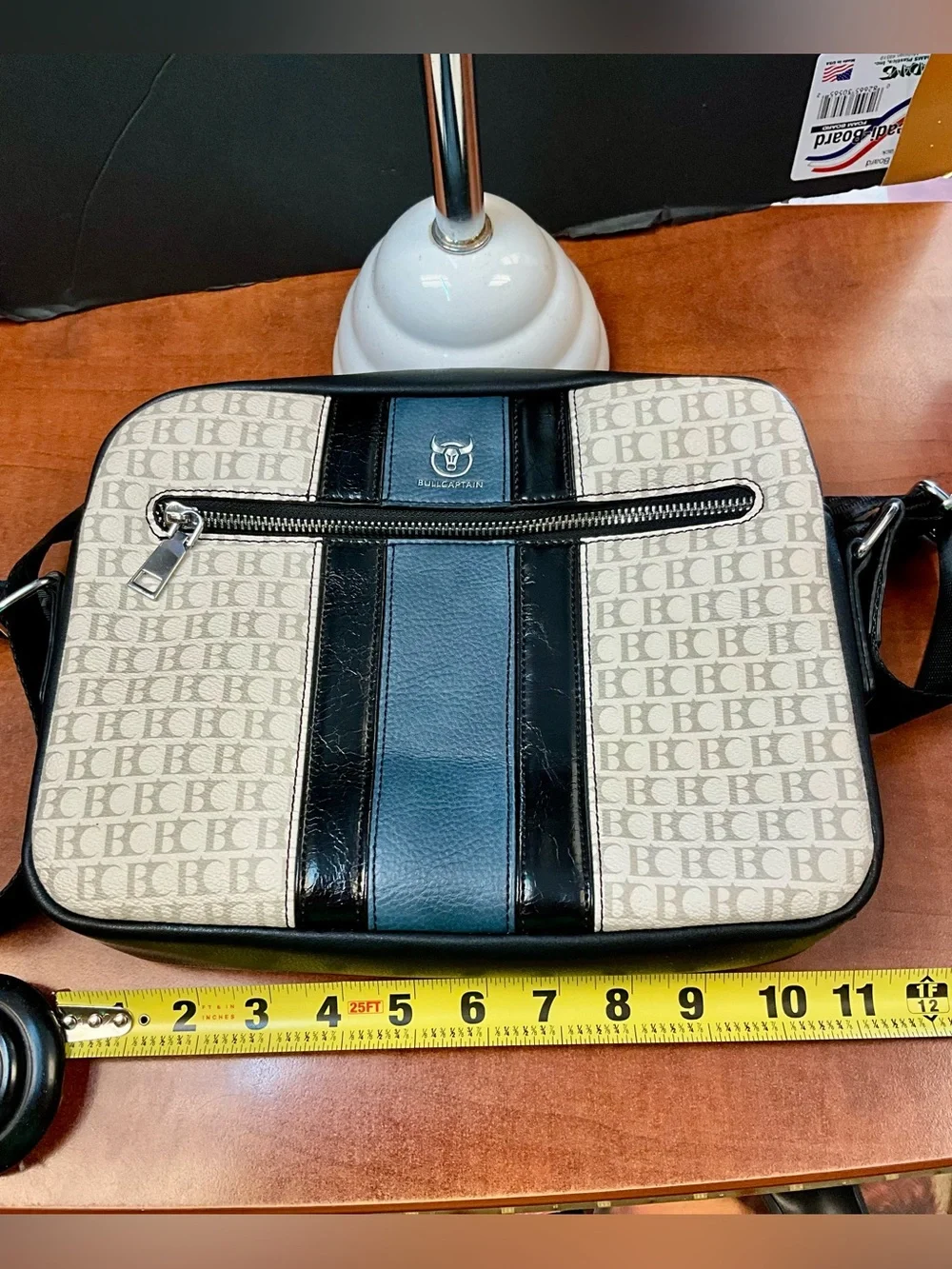 Beige & Black Canvas Messenger Bag with Front Zip Pocket